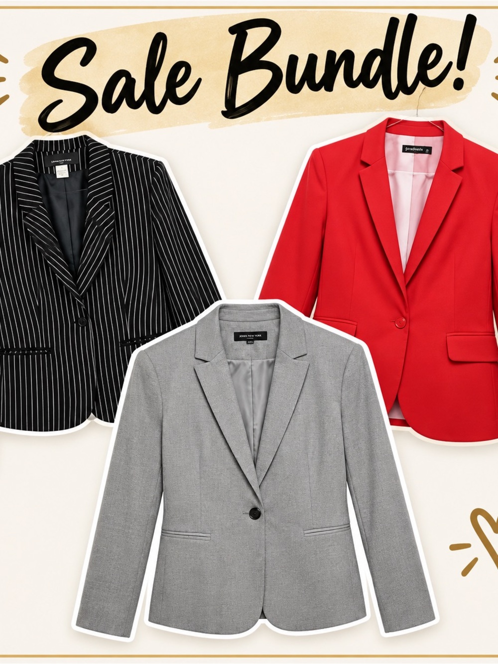 stradivarius Red, Black Pinstripe & Gray Women's Blazer Bundle
